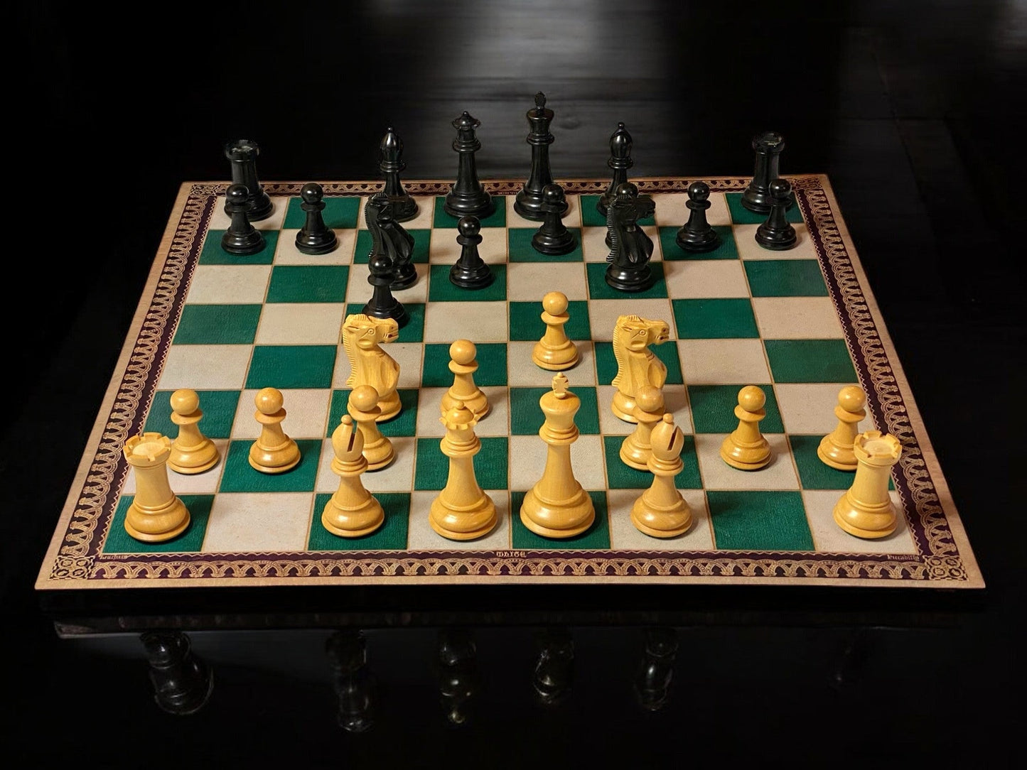 Old English Staunton Chessmen, Green Carton Pierre Roll up Board, Vinyl Box