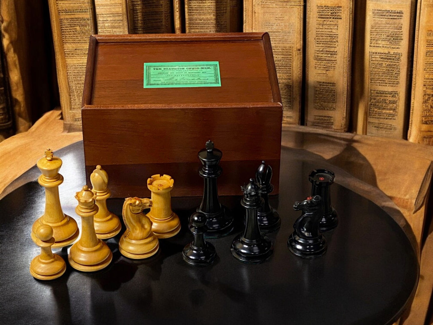 3.5" Antiqued Distressed Harrwitz Chessmen with Slide Top Box
