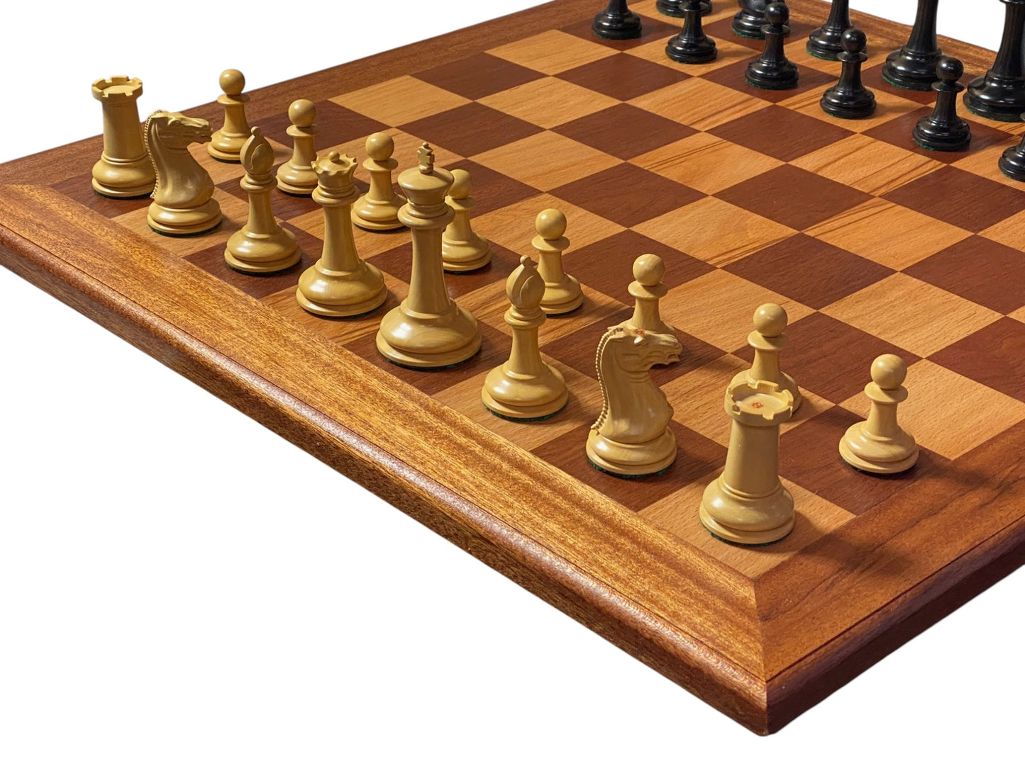 Reproduction 3.5" Cooke Boxwood Chessmen, Vintage Chessboard, Mahogany Hinged Box