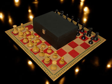 Old English Staunton Chessmen, Red Carton Pierre Roll up Board, Vinyl Box