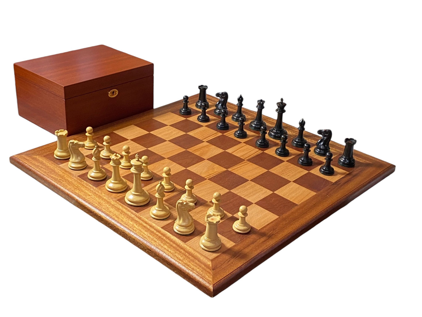 Reproduction 3.5" Cooke Boxwood Chessmen, Vintage Chessboard, Mahogany Hinged Box