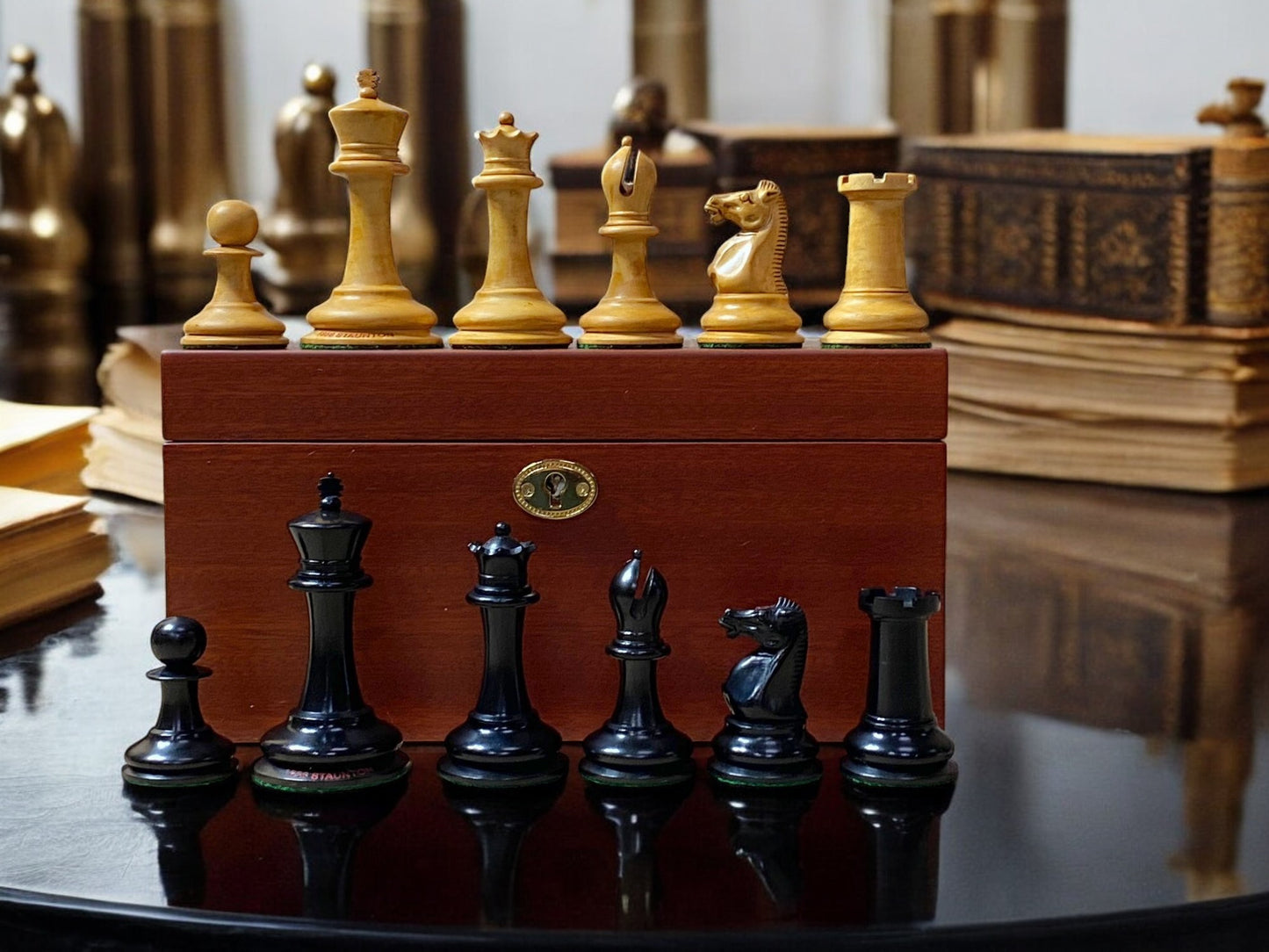 Antique Dropjaw Reproduction Chessmen & Mahogany Hinged Box