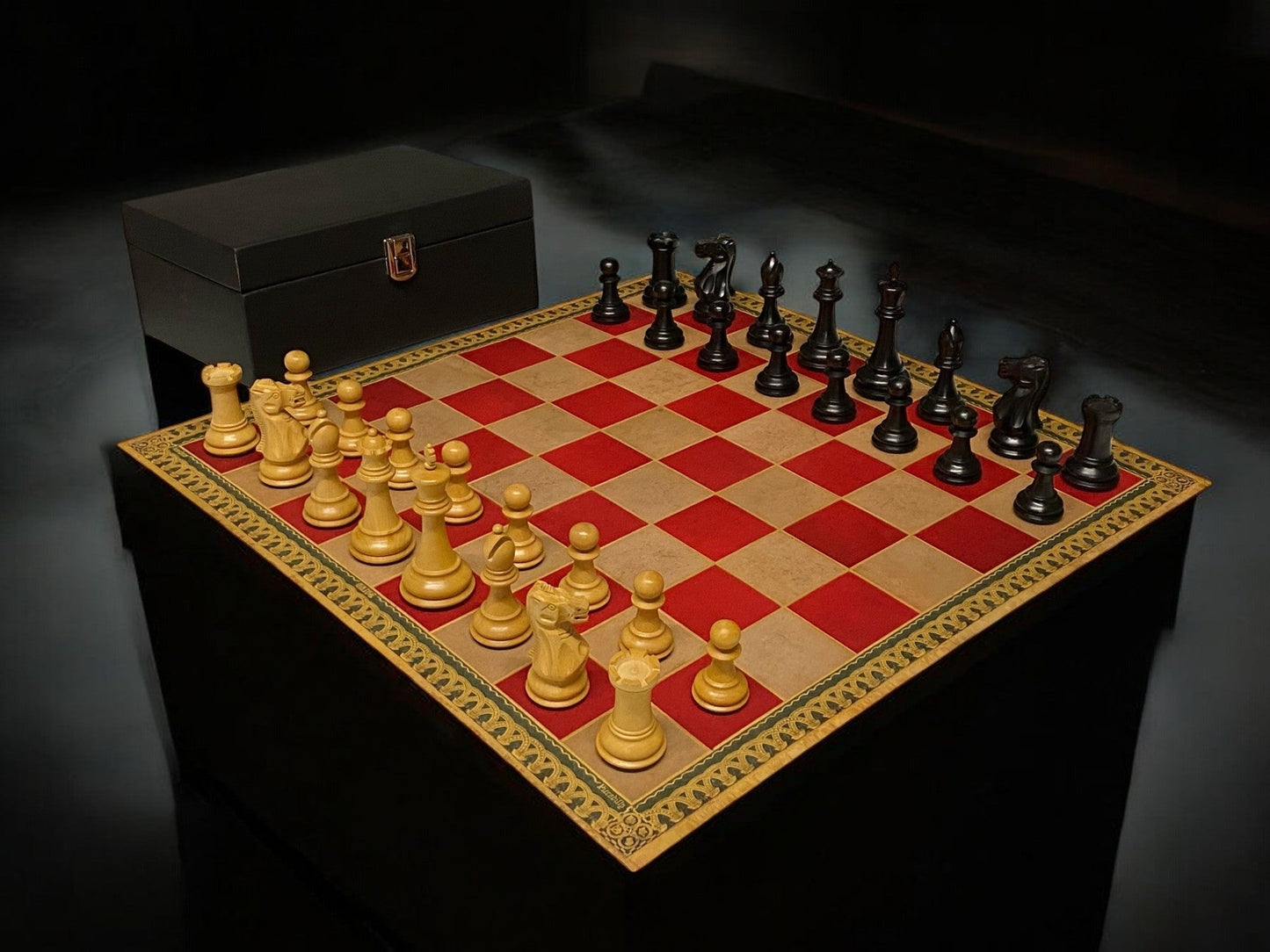 Old English Staunton Chessmen, Red Carton Pierre Roll up Board, Vinyl Box