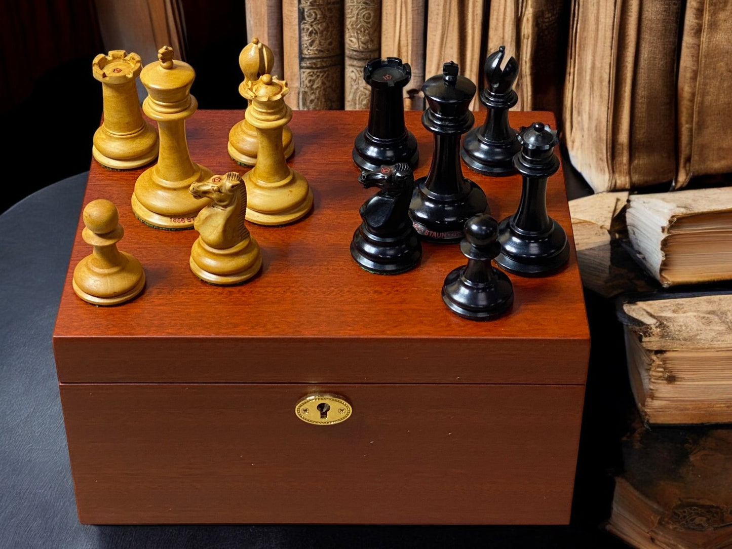 Antique Dropjaw Reproduction Chessmen & Mahogany Hinged Box