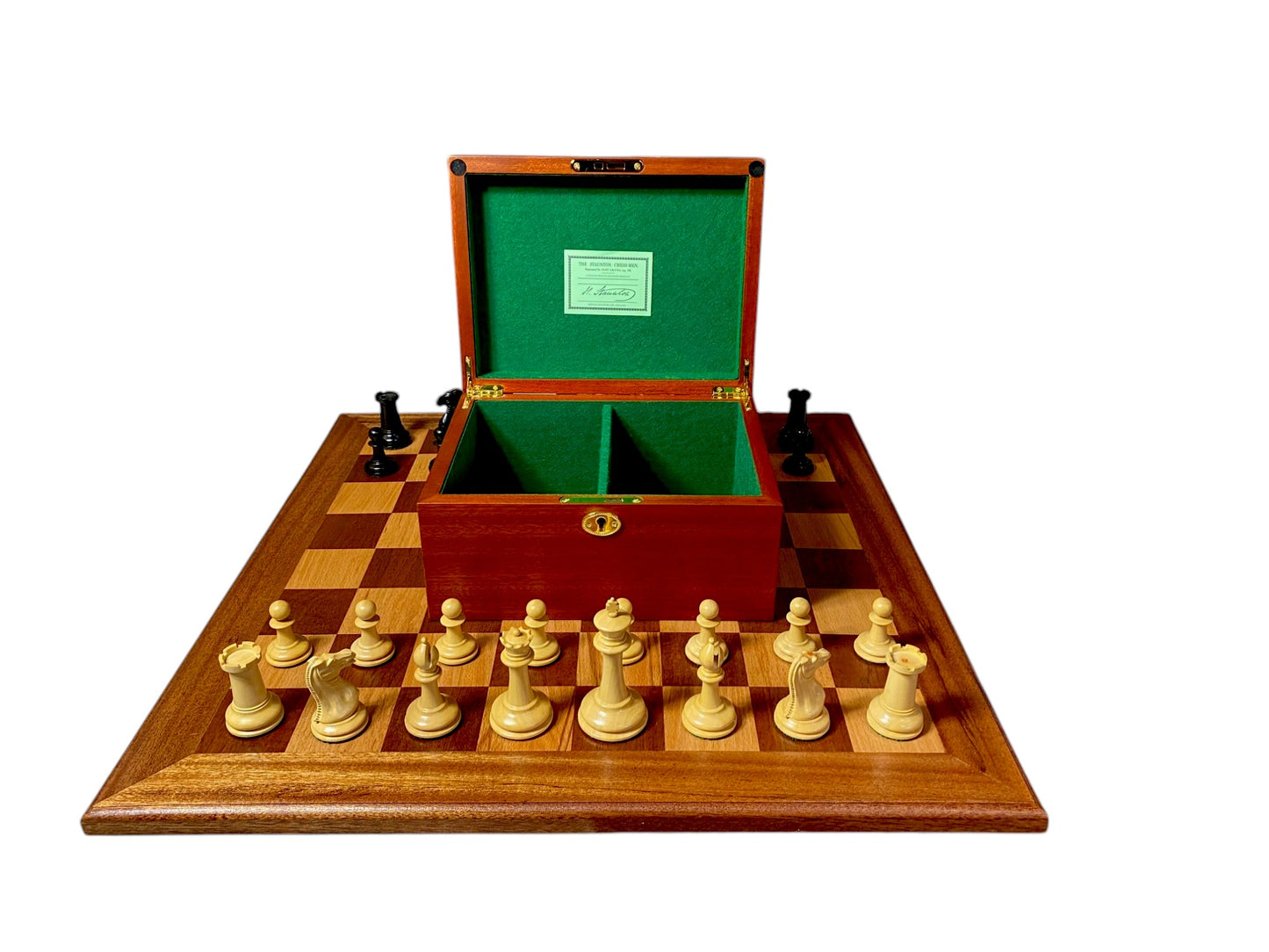 Reproduction 3.5" Cooke Boxwood Chessmen, Vintage Chessboard, Mahogany Hinged Box