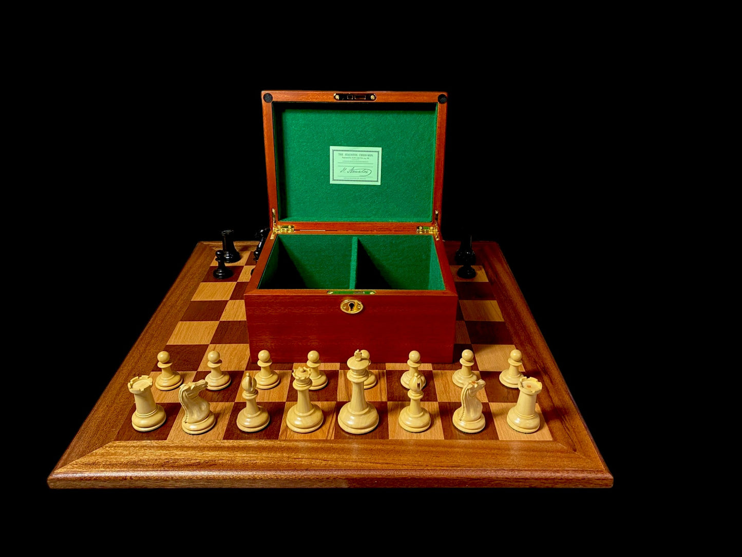 Reproduction 3.5" Cooke Boxwood Chessmen, Vintage Chessboard, Mahogany Hinged Box