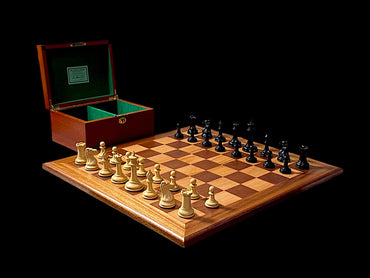 Reproduction 3.5" Cooke Boxwood Chessmen, Vintage Chessboard, Mahogany Hinged Box