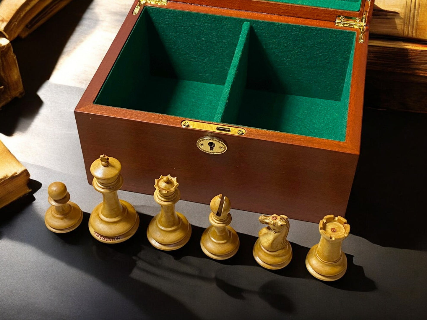 Antique Dropjaw Reproduction Chessmen & Mahogany Hinged Box