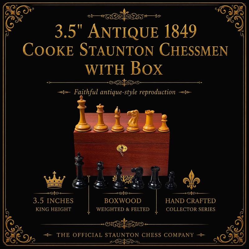 3.5" Antique 1849 Cooke Staunton Chessmen with Mahogany Box