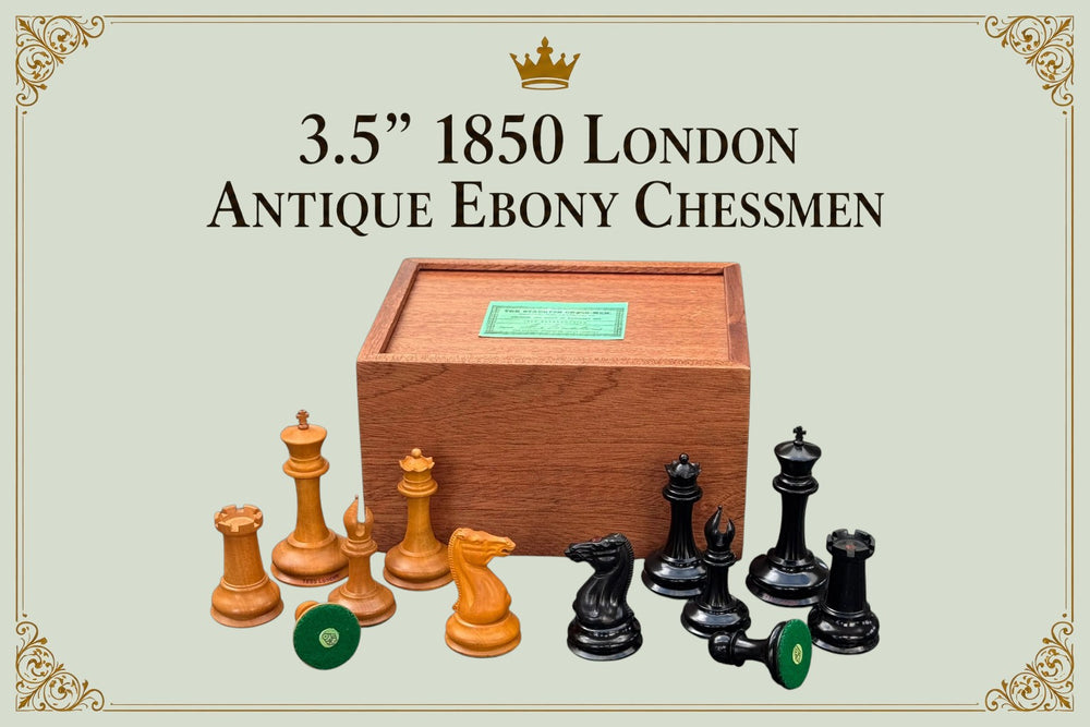 1850 London 3.5" Antique Boxwood Ebony Chessmen and Mahogany Slide Box