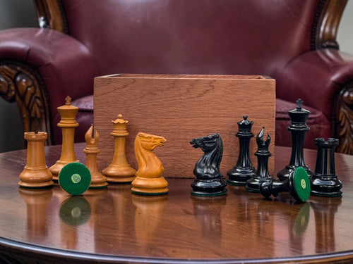 1850 London 3.5" Antique Boxwood Ebony Chessmen and Mahogany Slide Box