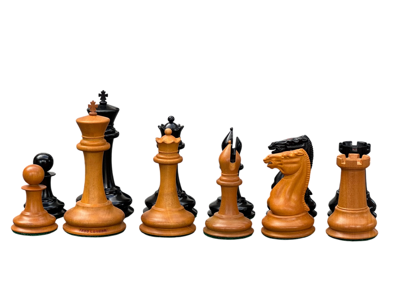 1850 London 3.5" Antique Boxwood Ebony Chessmen and Mahogany Slide Box