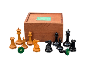 1850 London 3.5" Antique Boxwood Ebony Chessmen and Mahogany Slide Box
