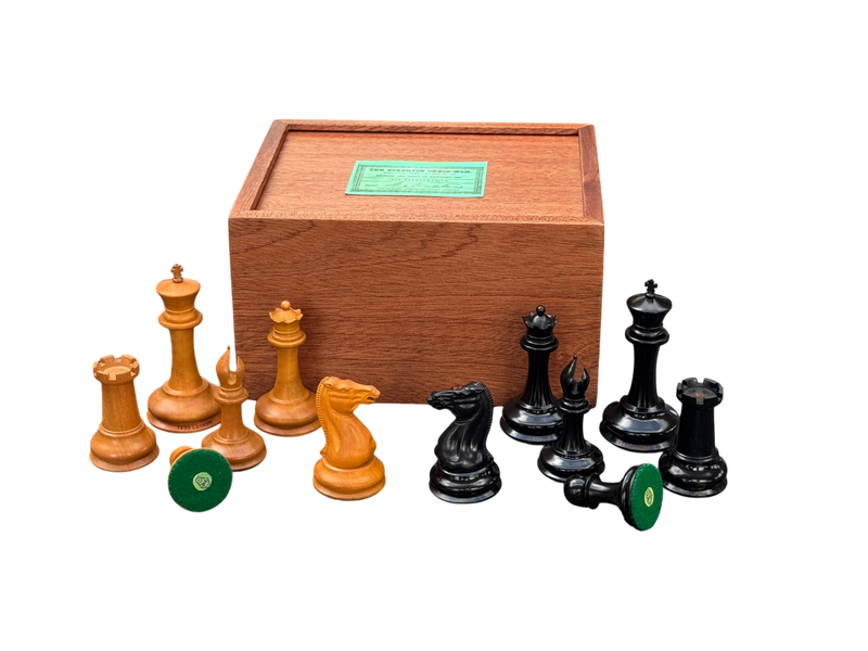 1850 London 3.5" Antique Boxwood Ebony Chessmen and Mahogany Slide Box