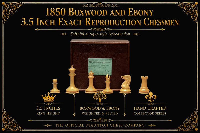 1850  Boxwood and Ebony 3.5 Inch Exact Reproduction Chessmen