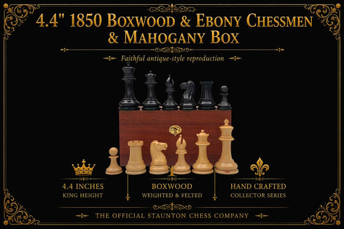 4.4" 1850 Staunton Boxwood & Ebony Chessmen with Deluxe Mahogany Box