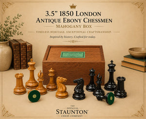 1850 London 3.5" Antique Boxwood Ebony Chessmen and Mahogany Slide Box