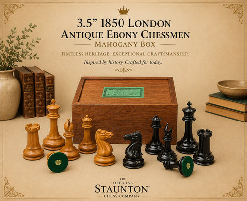 1850 London 3.5" Antique Boxwood Ebony Chessmen and Mahogany Slide Box