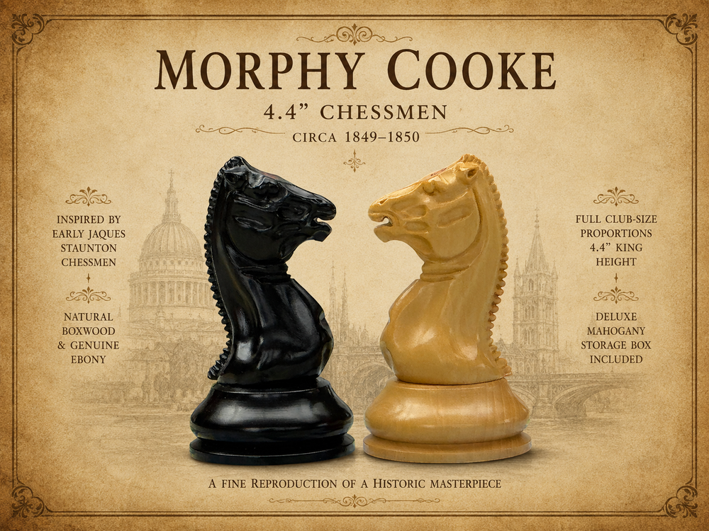 4.4" Morphy Cooke Ebony Chessmen & Mahogany Box