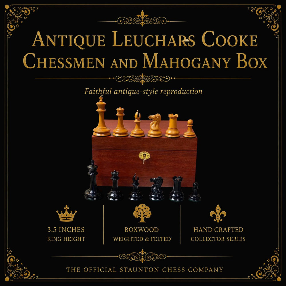 Antique Leuchars Cooke Chessmen and Mahogany Box