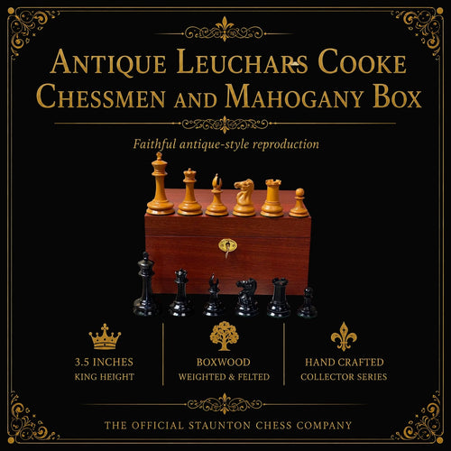 Antique Leuchars Cooke Chessmen and Mahogany Box
