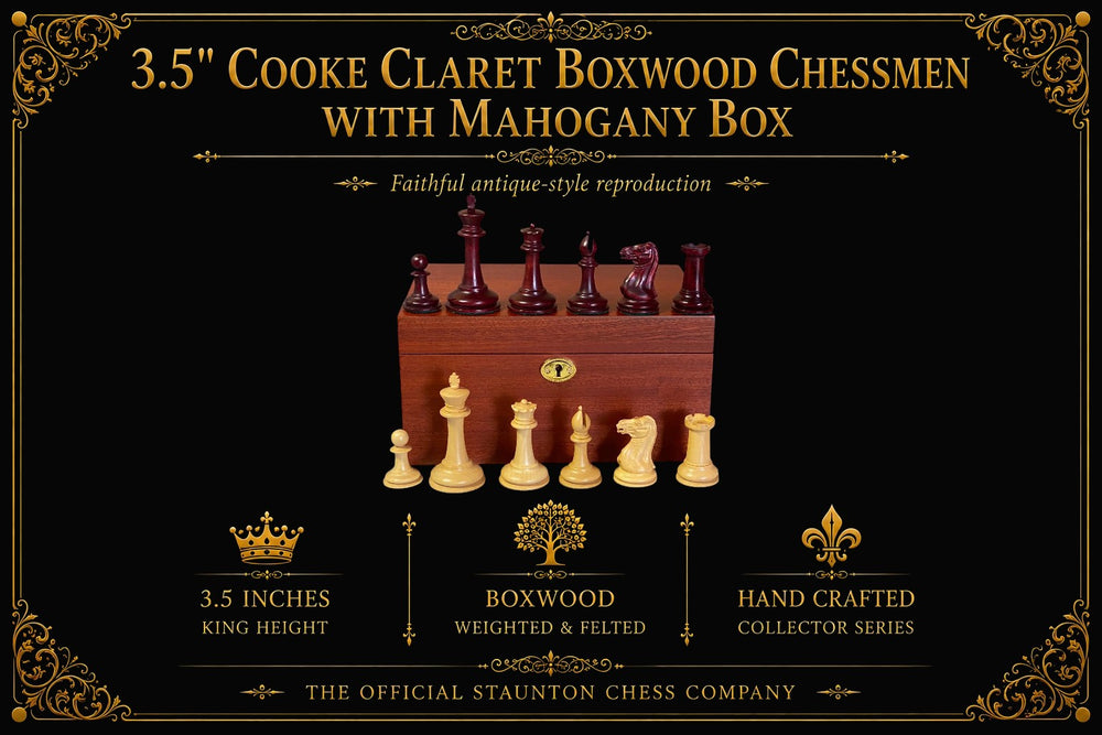 3.5" Cooke Claret Boxwood Chessmen with Mahogany Box