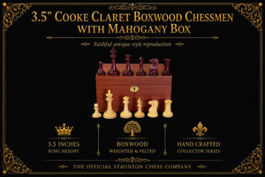 3.5" Cooke Claret Boxwood Chessmen with Mahogany Box