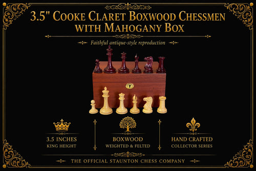 3.5" Cooke Claret Boxwood Chessmen with Mahogany Box