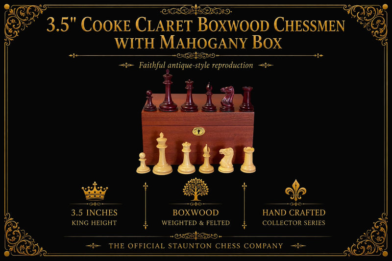 3.5" Cooke Claret Boxwood Chessmen with Mahogany Box