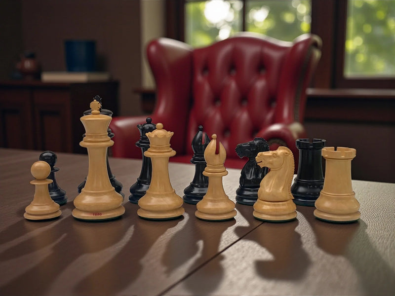 4.4" 1850 Staunton Boxwood & Ebony Chessmen with Deluxe Mahogany Box