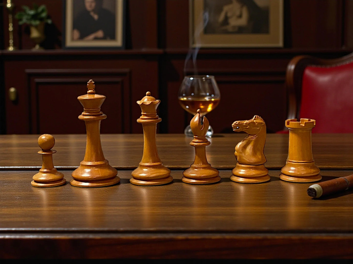 3.5" 1862 Staunton Antique Reproduction Chessmen with Mahogany Deluxe Box