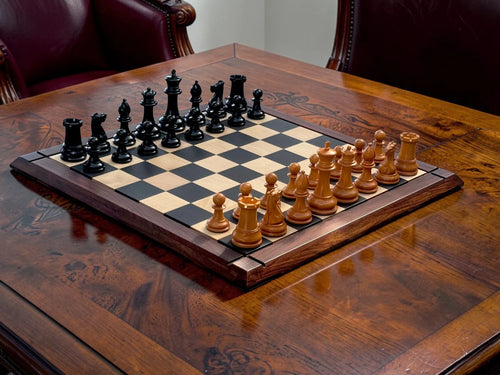 4.4" 1850 Antique and Ebony Chessmen, Deluxe Mahogany Box & Ebony Rosewood Board
