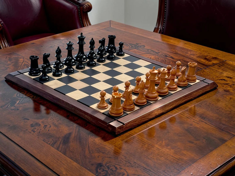 4.4" 1850 Antique and Ebony Chessmen, Deluxe Mahogany Box & Ebony Rosewood Board