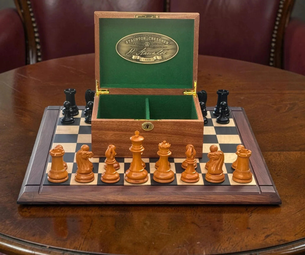 4.4" 1850 Antique and Ebony Chessmen, Deluxe Mahogany Box & Ebony Rosewood Board