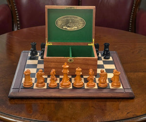 4.4" 1850 Antique and Ebony Chessmen, Deluxe Mahogany Box & Ebony Rosewood Board