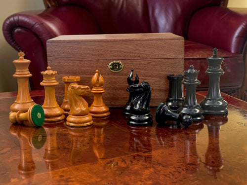 4.4" 1850 Antique and Ebony Chessmen, Deluxe Mahogany Box & Ebony Rosewood Board