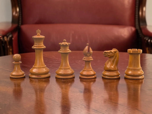4.4" 1850 Antique and Ebony Chessmen, Deluxe Mahogany Box & Ebony Rosewood Board