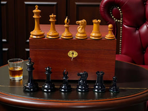 Antique Leuchars Cooke Chessmen and Mahogany Box