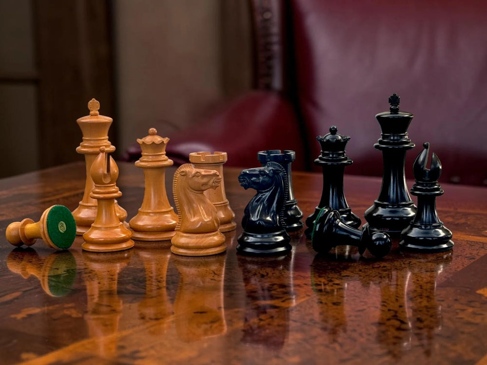 4.4" 1850 Antique and Ebony Chessmen, Deluxe Mahogany Box & Ebony Rosewood Board
