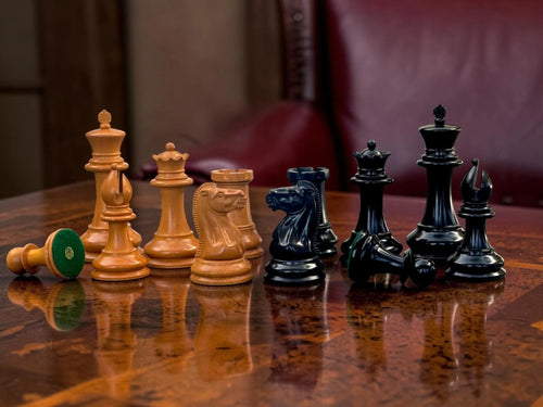 4.4" 1850 Antique and Ebony Chessmen, Deluxe Mahogany Box & Ebony Rosewood Board