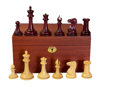 3.5" Cooke Claret Boxwood Chessmen with Mahogany Box