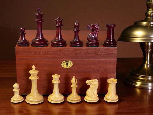 3.5" Cooke Claret Boxwood Chessmen with Mahogany Box