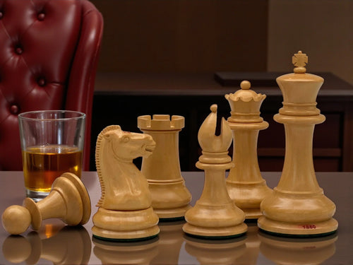 4.4" 1850 Staunton Boxwood & Ebony Chessmen with Deluxe Mahogany Box