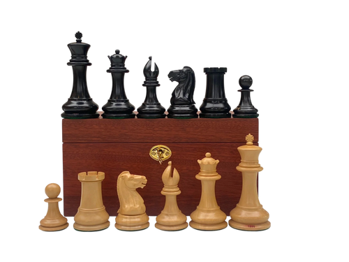 4.4" 1850 Staunton Boxwood & Ebony Chessmen with Deluxe Mahogany Box