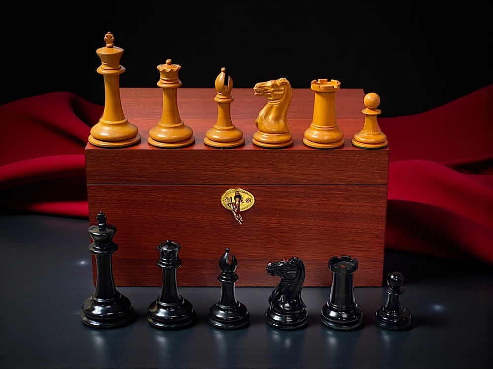 3.5" Antique 1849 Cooke Staunton Chessmen with Mahogany Box
