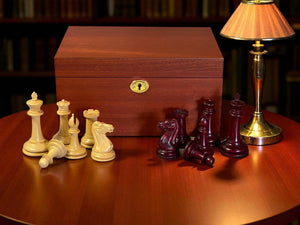 3.5" Cooke Claret Boxwood Chessmen with Mahogany Box