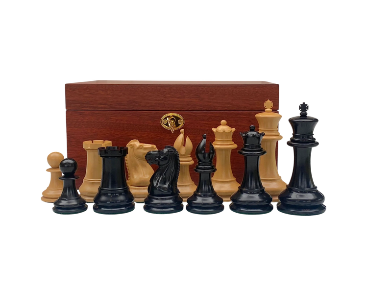 4.4" 1850 Staunton Boxwood & Ebony Chessmen with Deluxe Mahogany Box