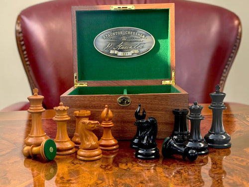 4.4" 1850 Antique and Ebony Chessmen, Deluxe Mahogany Box & Ebony Rosewood Board