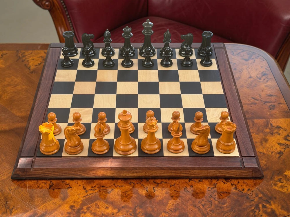 4.4" 1850 Antique and Ebony Chessmen, Deluxe Mahogany Box & Ebony Rosewood Board