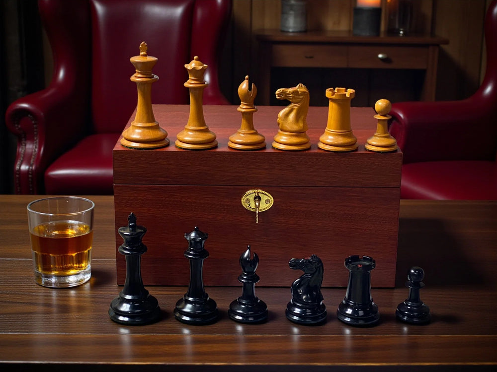 3.5" 1862 Staunton Antique Reproduction Chessmen with Mahogany Deluxe Box